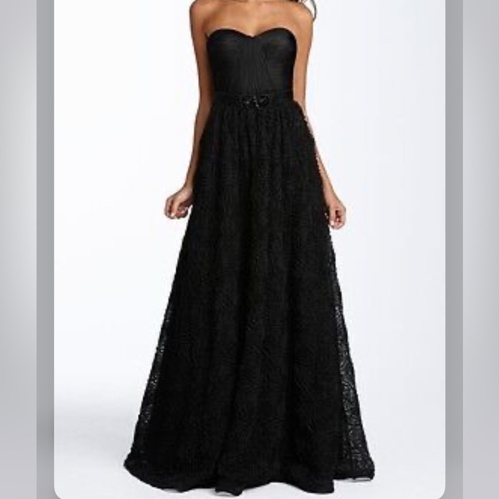 adrianna papell rosette black strapless gown, worn once, size 4